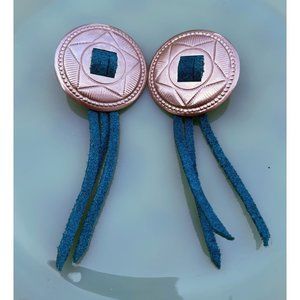 Vintage 1980s Concho Star Earrings With Blue Leather Tassels